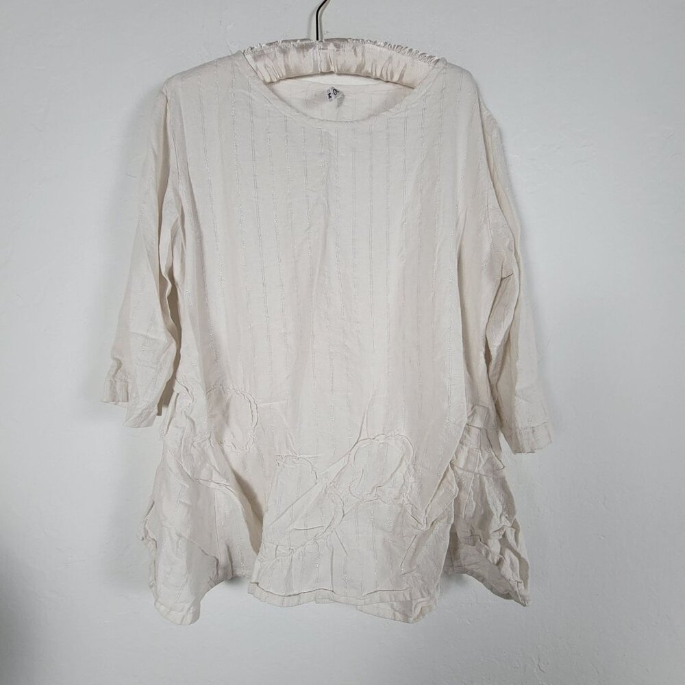 XiAo Womens Textured Metallic Stripe Cream 3/4 Sleeve Tunic Top Blouse Medium